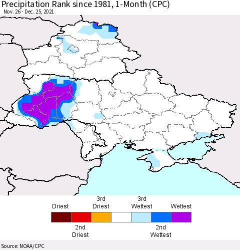 Ukraine, Moldova and Belarus Precipitation Rank since 1981, 1-Month (CPC) Thematic Map For 11/26/2021 - 12/25/2021