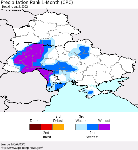 Ukraine, Moldova and Belarus Precipitation Rank since 1981, 1-Month (CPC) Thematic Map For 12/6/2021 - 1/5/2022
