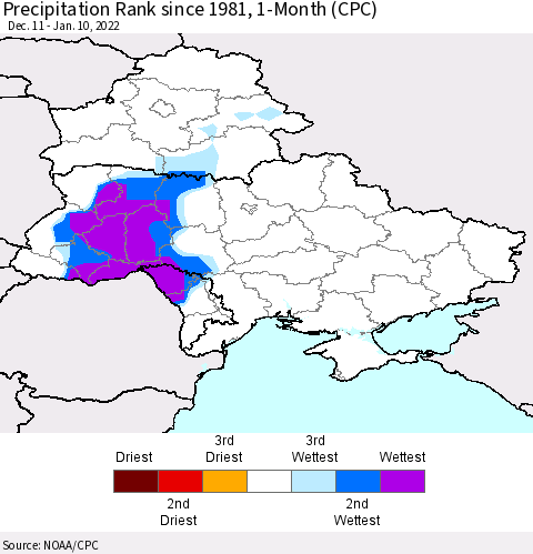 Ukraine, Moldova and Belarus Precipitation Rank 1-Month (CPC) Thematic Map For 12/11/2021 - 1/10/2022