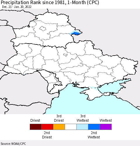 Ukraine, Moldova and Belarus Precipitation Rank 1-Month (CPC) Thematic Map For 12/21/2021 - 1/20/2022