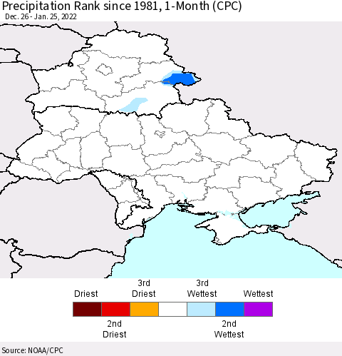 Ukraine, Moldova and Belarus Precipitation Rank 1-Month (CPC) Thematic Map For 12/26/2021 - 1/25/2022