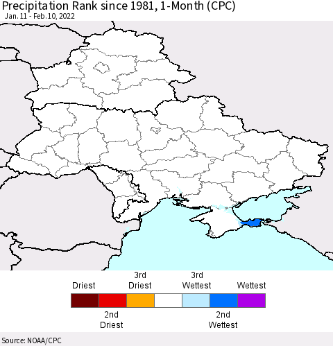Ukraine, Moldova and Belarus Precipitation Rank since 1981, 1-Month (CPC) Thematic Map For 1/11/2022 - 2/10/2022