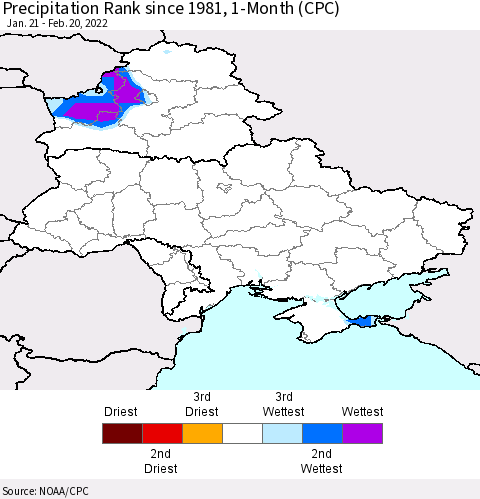 Ukraine, Moldova and Belarus Precipitation Rank 1-Month (CPC) Thematic Map For 1/21/2022 - 2/20/2022