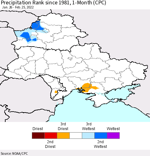 Ukraine, Moldova and Belarus Precipitation Rank since 1981, 1-Month (CPC) Thematic Map For 1/26/2022 - 2/25/2022