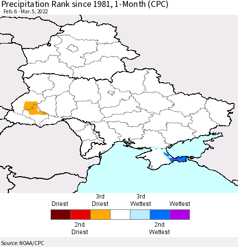 Ukraine, Moldova and Belarus Precipitation Rank 1-Month (CPC) Thematic Map For 2/6/2022 - 3/5/2022