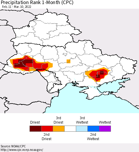 Ukraine, Moldova and Belarus Precipitation Rank 1-Month (CPC) Thematic Map For 2/11/2022 - 3/10/2022