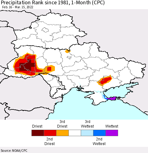 Ukraine, Moldova and Belarus Precipitation Rank since 1981, 1-Month (CPC) Thematic Map For 2/16/2022 - 3/15/2022