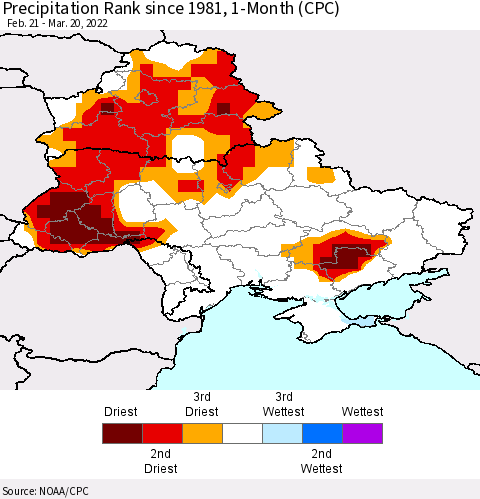 Ukraine, Moldova and Belarus Precipitation Rank since 1981, 1-Month (CPC) Thematic Map For 2/21/2022 - 3/20/2022