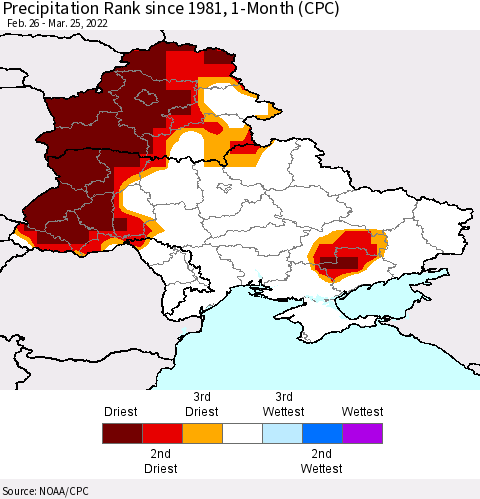 Ukraine, Moldova and Belarus Precipitation Rank 1-Month (CPC) Thematic Map For 2/26/2022 - 3/25/2022