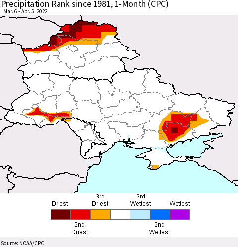 Ukraine, Moldova and Belarus Precipitation Rank since 1981, 1-Month (CPC) Thematic Map For 3/6/2022 - 4/5/2022