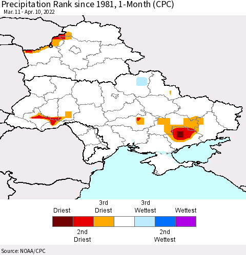Ukraine, Moldova and Belarus Precipitation Rank since 1981, 1-Month (CPC) Thematic Map For 3/11/2022 - 4/10/2022