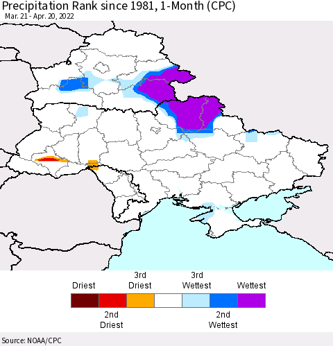Ukraine, Moldova and Belarus Precipitation Rank 1-Month (CPC) Thematic Map For 3/21/2022 - 4/20/2022