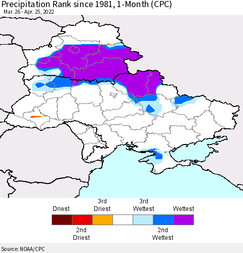 Ukraine, Moldova and Belarus Precipitation Rank since 1981, 1-Month (CPC) Thematic Map For 3/26/2022 - 4/25/2022