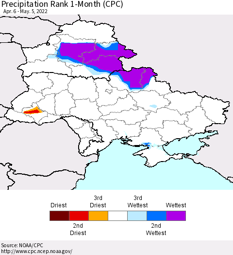 Ukraine, Moldova and Belarus Precipitation Rank since 1981, 1-Month (CPC) Thematic Map For 4/6/2022 - 5/5/2022
