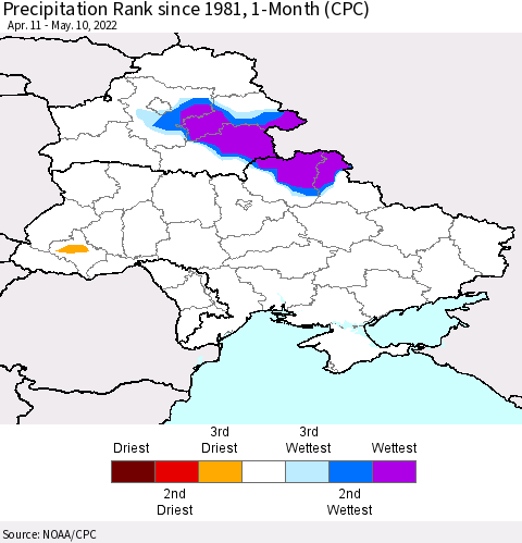 Ukraine, Moldova and Belarus Precipitation Rank 1-Month (CPC) Thematic Map For 4/11/2022 - 5/10/2022