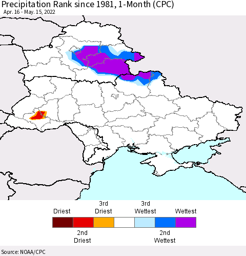 Ukraine, Moldova and Belarus Precipitation Rank since 1981, 1-Month (CPC) Thematic Map For 4/16/2022 - 5/15/2022