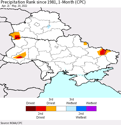Ukraine, Moldova and Belarus Precipitation Rank since 1981, 1-Month (CPC) Thematic Map For 4/21/2022 - 5/20/2022