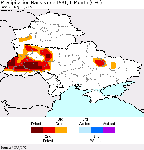 Ukraine, Moldova and Belarus Precipitation Rank 1-Month (CPC) Thematic Map For 4/26/2022 - 5/25/2022