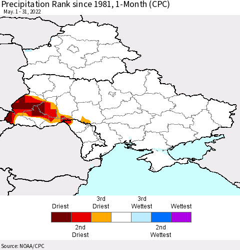 Ukraine, Moldova and Belarus Precipitation Rank 1-Month (CPC) Thematic Map For 5/1/2022 - 5/31/2022
