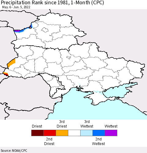 Ukraine, Moldova and Belarus Precipitation Rank 1-Month (CPC) Thematic Map For 5/6/2022 - 6/5/2022