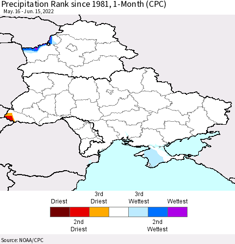 Ukraine, Moldova and Belarus Precipitation Rank 1-Month (CPC) Thematic Map For 5/16/2022 - 6/15/2022