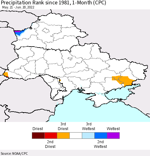 Ukraine, Moldova and Belarus Precipitation Rank 1-Month (CPC) Thematic Map For 5/21/2022 - 6/20/2022