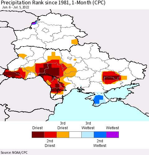 Ukraine, Moldova and Belarus Precipitation Rank since 1981, 1-Month (CPC) Thematic Map For 6/6/2022 - 7/5/2022