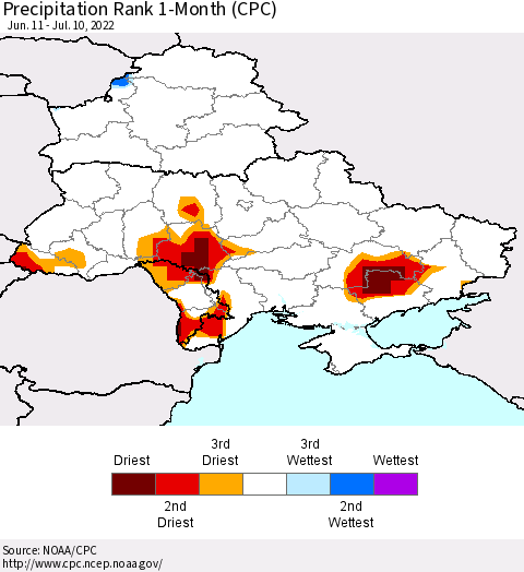 Ukraine, Moldova and Belarus Precipitation Rank since 1981, 1-Month (CPC) Thematic Map For 6/11/2022 - 7/10/2022