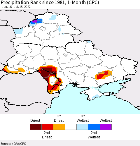 Ukraine, Moldova and Belarus Precipitation Rank 1-Month (CPC) Thematic Map For 6/16/2022 - 7/15/2022