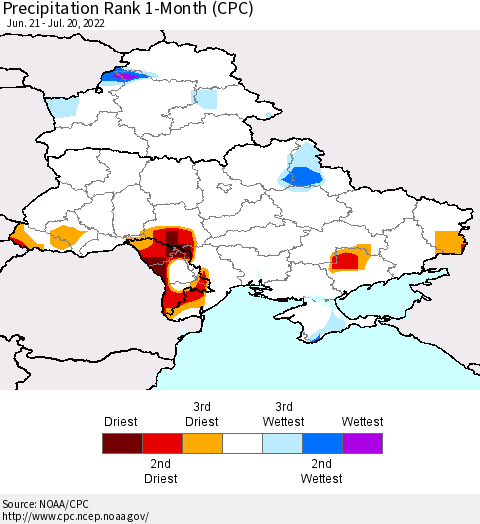 Ukraine, Moldova and Belarus Precipitation Rank since 1981, 1-Month (CPC) Thematic Map For 6/21/2022 - 7/20/2022