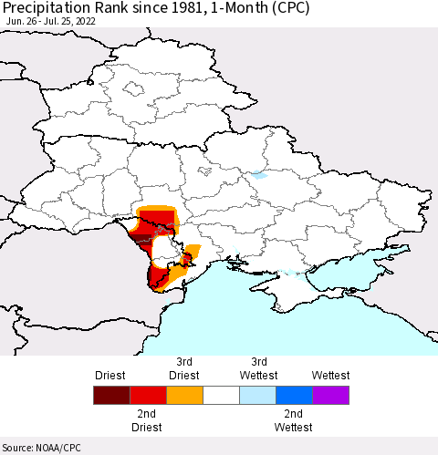 Ukraine, Moldova and Belarus Precipitation Rank 1-Month (CPC) Thematic Map For 6/26/2022 - 7/25/2022