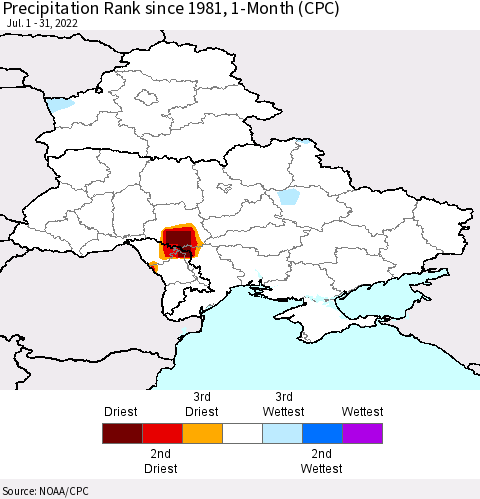 Ukraine, Moldova and Belarus Precipitation Rank since 1981, 1-Month (CPC) Thematic Map For 7/1/2022 - 7/31/2022
