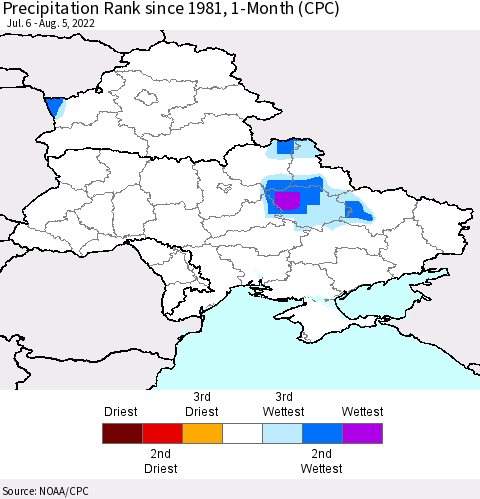Ukraine, Moldova and Belarus Precipitation Rank 1-Month (CPC) Thematic Map For 7/6/2022 - 8/5/2022