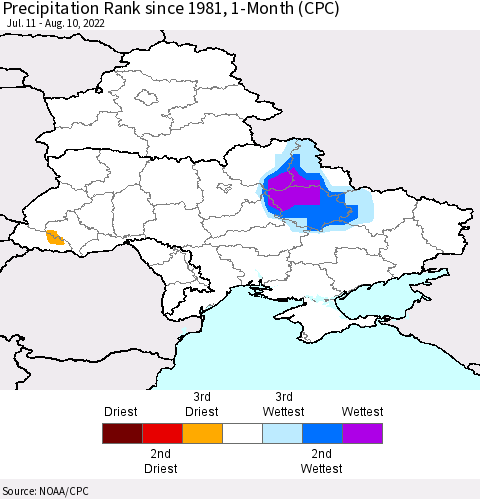 Ukraine, Moldova and Belarus Precipitation Rank 1-Month (CPC) Thematic Map For 7/11/2022 - 8/10/2022