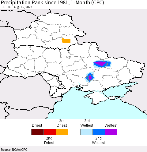 Ukraine, Moldova and Belarus Precipitation Rank 1-Month (CPC) Thematic Map For 7/16/2022 - 8/15/2022