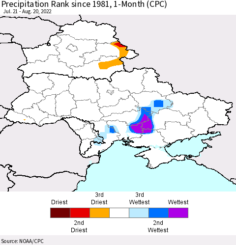 Ukraine, Moldova and Belarus Precipitation Rank since 1981, 1-Month (CPC) Thematic Map For 7/21/2022 - 8/20/2022