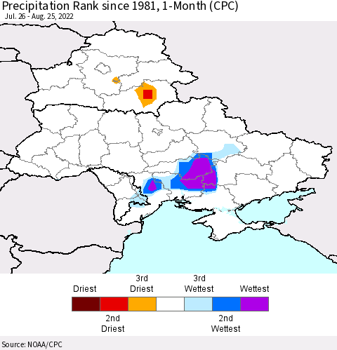 Ukraine, Moldova and Belarus Precipitation Rank 1-Month (CPC) Thematic Map For 7/26/2022 - 8/25/2022