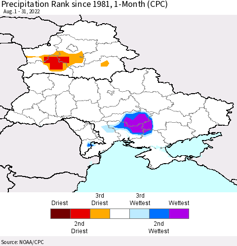 Ukraine, Moldova and Belarus Precipitation Rank 1-Month (CPC) Thematic Map For 8/1/2022 - 8/31/2022