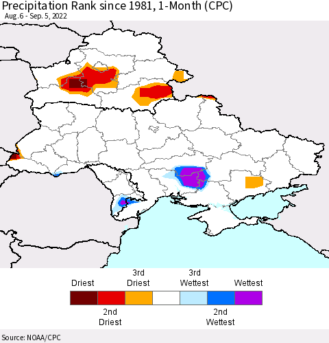 Ukraine, Moldova and Belarus Precipitation Rank 1-Month (CPC) Thematic Map For 8/6/2022 - 9/5/2022