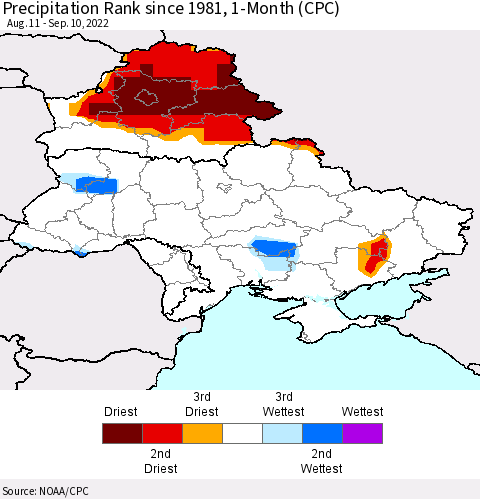 Ukraine, Moldova and Belarus Precipitation Rank 1-Month (CPC) Thematic Map For 8/11/2022 - 9/10/2022