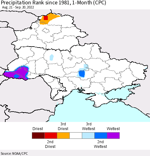 Ukraine, Moldova and Belarus Precipitation Rank 1-Month (CPC) Thematic Map For 8/21/2022 - 9/20/2022