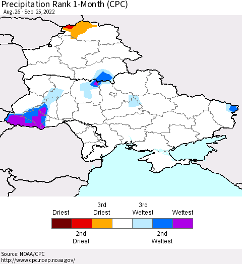 Ukraine, Moldova and Belarus Precipitation Rank 1-Month (CPC) Thematic Map For 8/26/2022 - 9/25/2022