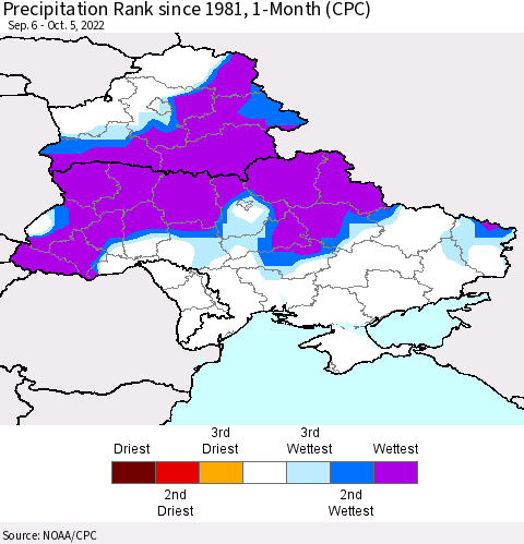 Ukraine, Moldova and Belarus Precipitation Rank since 1981, 1-Month (CPC) Thematic Map For 9/6/2022 - 10/5/2022