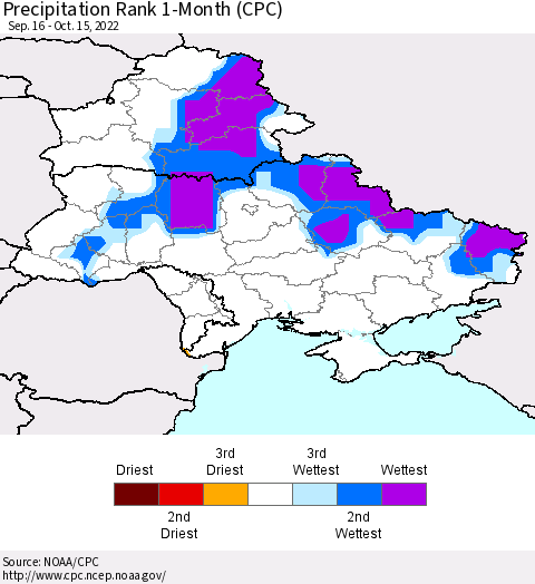 Ukraine, Moldova and Belarus Precipitation Rank 1-Month (CPC) Thematic Map For 9/16/2022 - 10/15/2022