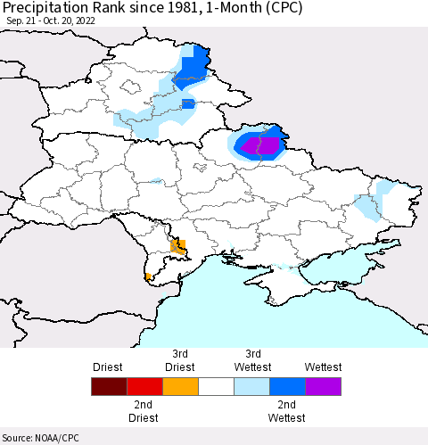 Ukraine, Moldova and Belarus Precipitation Rank since 1981, 1-Month (CPC) Thematic Map For 9/21/2022 - 10/20/2022