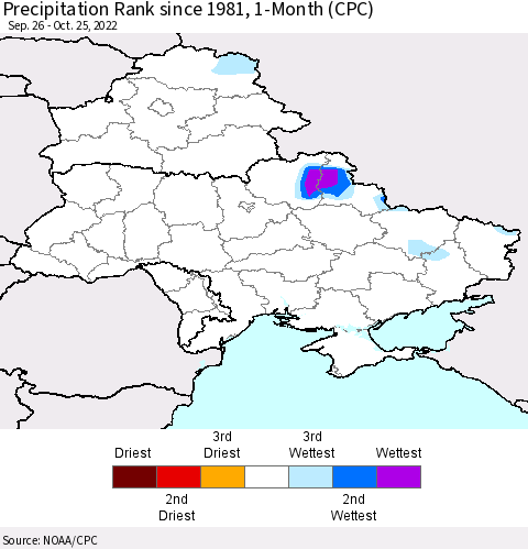 Ukraine, Moldova and Belarus Precipitation Rank 1-Month (CPC) Thematic Map For 9/26/2022 - 10/25/2022