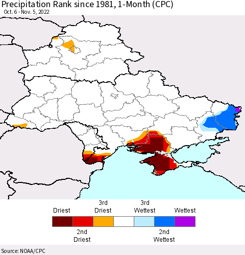 Ukraine, Moldova and Belarus Precipitation Rank 1-Month (CPC) Thematic Map For 10/6/2022 - 11/5/2022