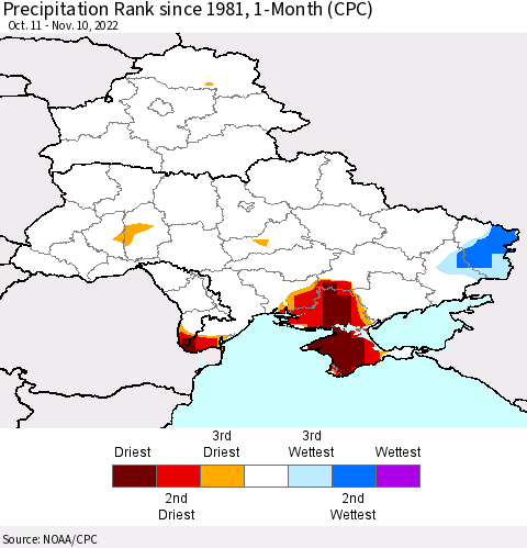 Ukraine, Moldova and Belarus Precipitation Rank 1-Month (CPC) Thematic Map For 10/11/2022 - 11/10/2022