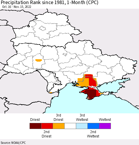 Ukraine, Moldova and Belarus Precipitation Rank since 1981, 1-Month (CPC) Thematic Map For 10/16/2022 - 11/15/2022