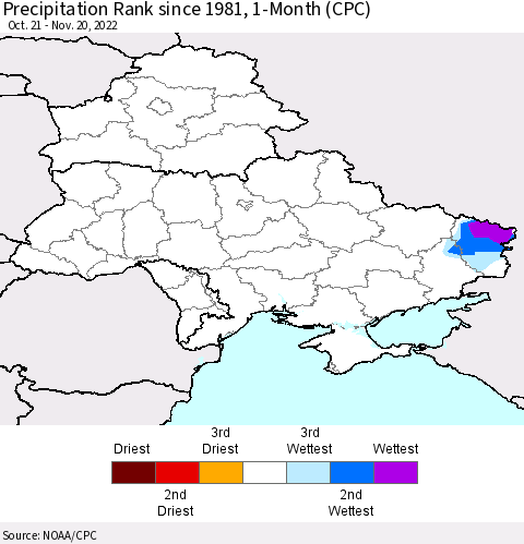 Ukraine, Moldova and Belarus Precipitation Rank 1-Month (CPC) Thematic Map For 10/21/2022 - 11/20/2022